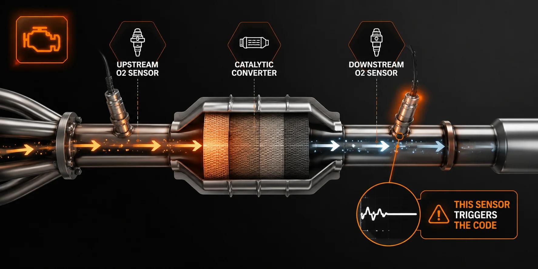 Exhaust flow diagram: upstream O2 sensor, catalytic converter, downstream O2 sensor — the downstream sensor triggers P0420